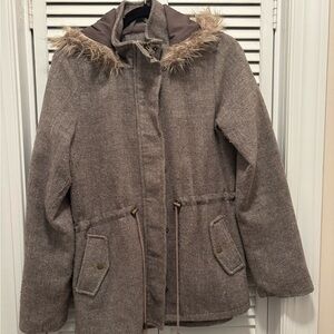 Women's Brown Hooded Jacket with Faux Fur Trim